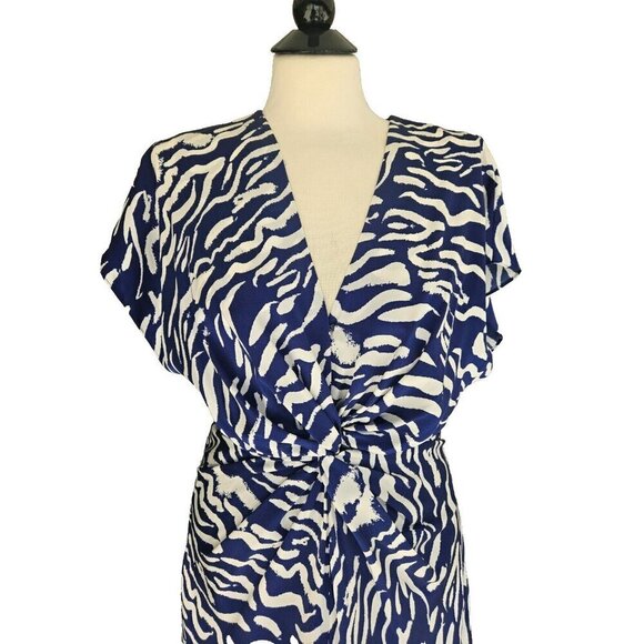PRABAL GARUNG Blue and White Printed Silk Long Dress Ruched Bodice Size 8 - Picture 5 of 11